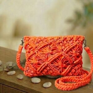 Sunset Orange Knit Macrame Purse Coastal Boho Chic Tassel Crossbody Purse